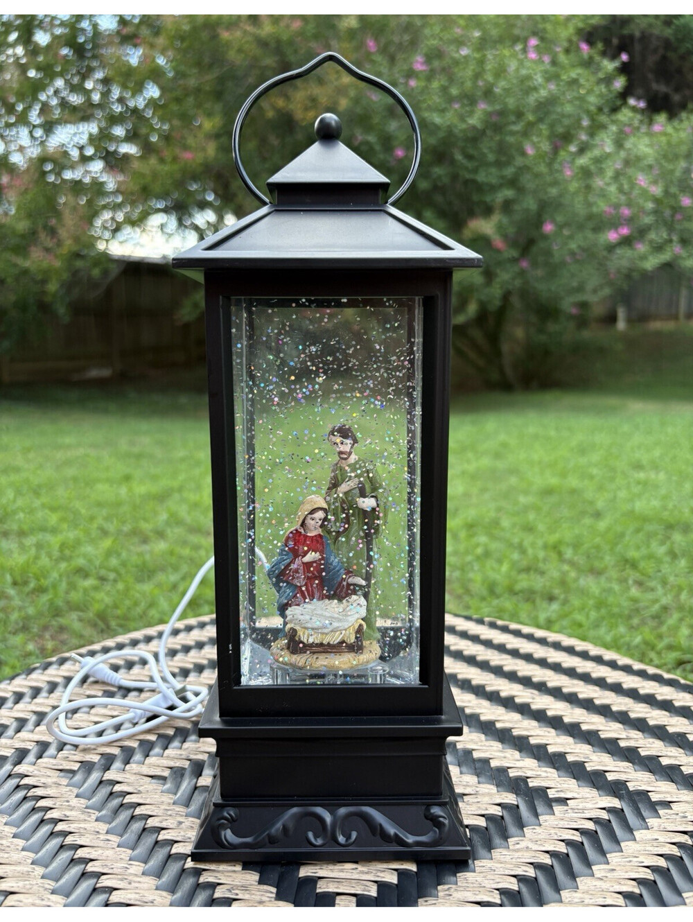 Nativity Lantern Lamp Black Glitter Water Effect Corded Electric